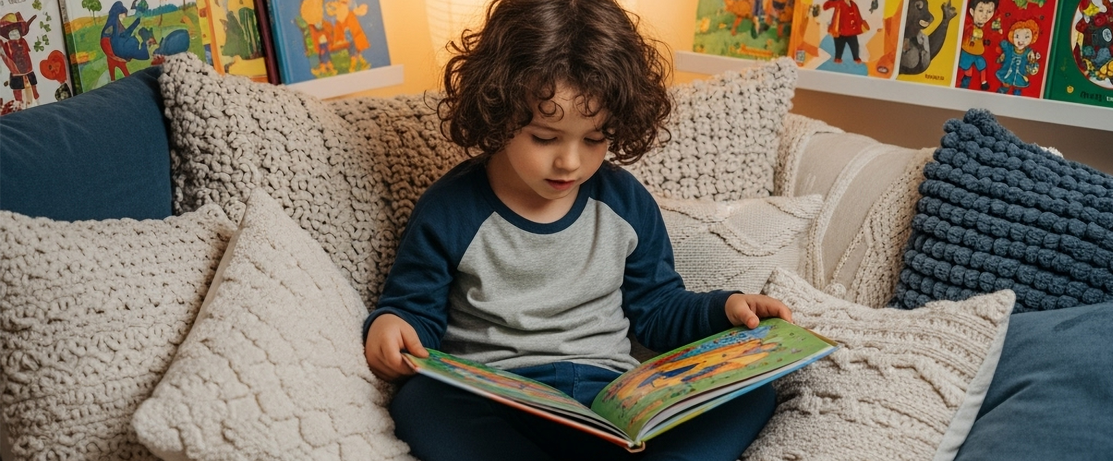 child reading at his home library